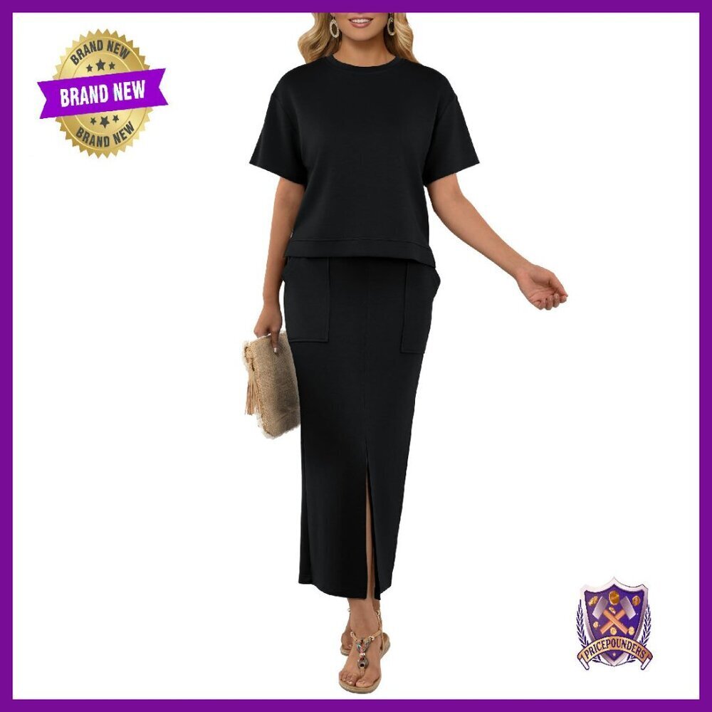 Wrinkle-Free Crew Neck Top & Elastic Waist Maxi Skirt Set with Pockets